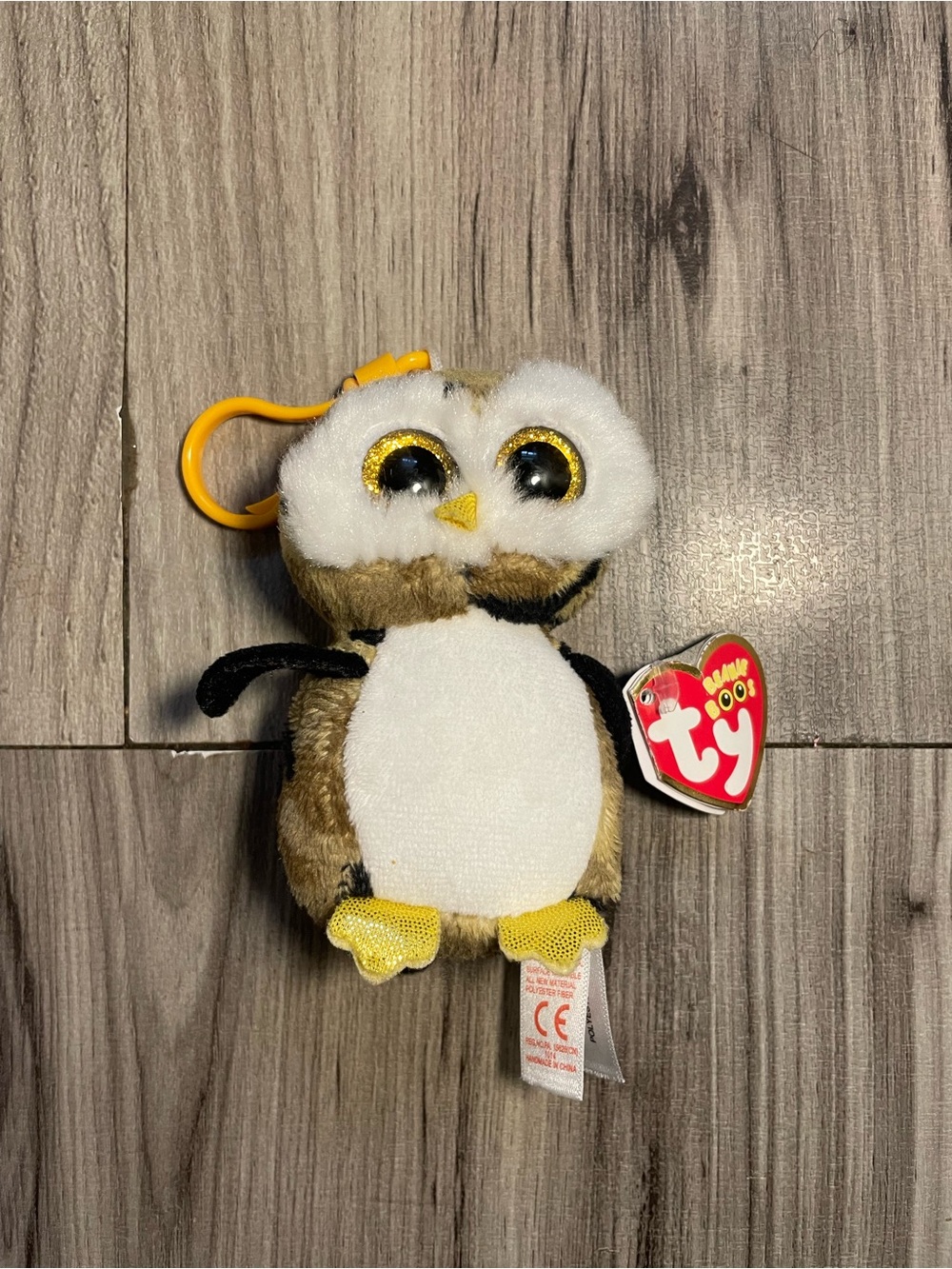 Ty Plush Owl Key Clip in Brown, White & Yellow